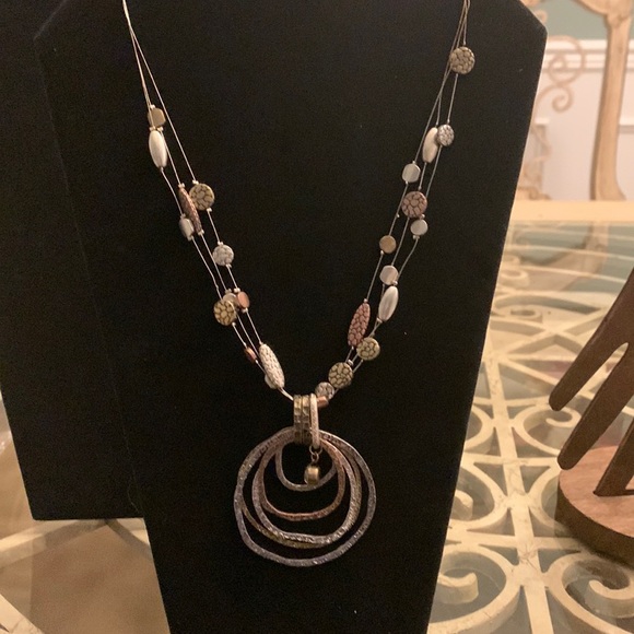 Silver Gold Copper Tone Beaded Wire Necklace Boho hammered circles pendant 20.5” - Picture 10 of 14